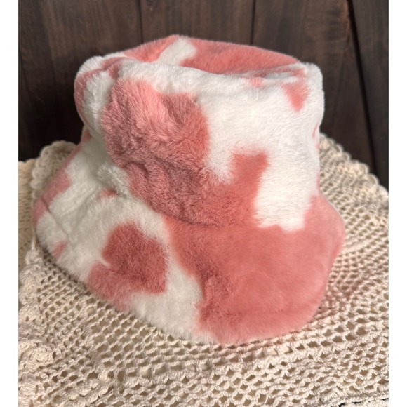 Pink Cow Print Bucket Hat Fuzzy Plush Fluffy Winter Warm Cosplay Cute - Picture 4 of 4